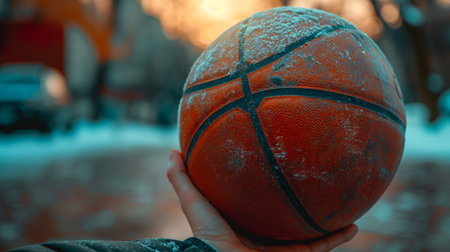 Man's hand holds classic basketball ball on the court at sunset on autumn background.Serene atmosphere perfect for fall outdoor game. Sport, basketball concept background. Generative AIの素材