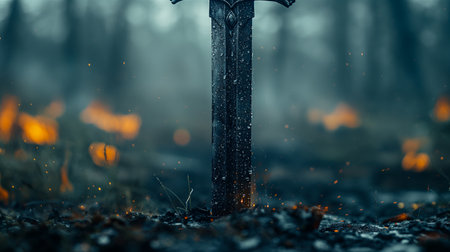 A fierce Viking sword stands upright in the scorched earth of a battlefield, with flickering flames illuminating the surrounding darkness, evoking a sense of history and bravery from epic battles of the past. Concept background. Generative AIの素材