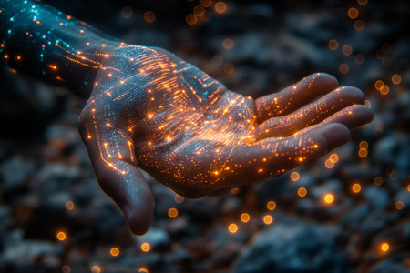 Man holds open hand with glowing digital lines and particles, symbolizing innovation and technology in modern workspace, sense of creativity and forward-thinking. Concept background. Generative AIの素材