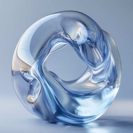 A glass abstract sphere shape showcases its smooth curves and blue gradient in a serene setting, highlighting the interplay of light and color on its transparent surface. Abstract Background. Generative AIの素材