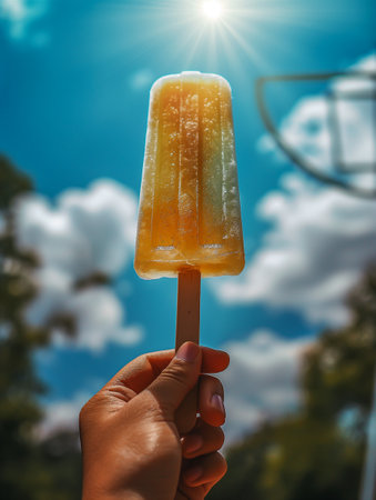 A hand lifts a bright yellow popsicle towards the sky, capturing a moment of joy on a sunny day. The background features fluffy clouds and a hint of playground equipment, evoking a sense of summer fun. Generative AIの素材