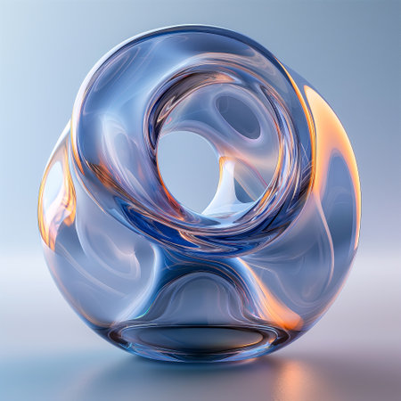 A glass abstract sphere shape showcases its smooth curves and blue gradient in a serene setting, highlighting the interplay of light and color on its transparent surface. Abstract Background. Generative AIの素材
