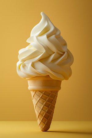 A delicious soft serve ice cream cone topped with a creamy swirl is displayed against a warm yellow background, inviting indulging moments on a bright sunny day. Generative AIの素材