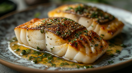 A beautifully cooked cod fillet served with a rich beurre blanc sauce, garnished with herbs, captures the essence of fine dining in a warm atmosphere. Generative AIの素材