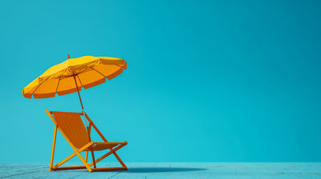 A yellow lounge chair with bright yellow umbrella on a sandy beach with blue wall backdrop, creating a relaxing atmosphere perfect for sunbathing and enjoying the summer. Vacation concept background. Generative AIの素材