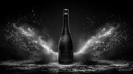 A champagne bottle explodes in a dramatic black and white image, creating a cloud of dust and mist. Product presentation mock up. Generative AIの素材