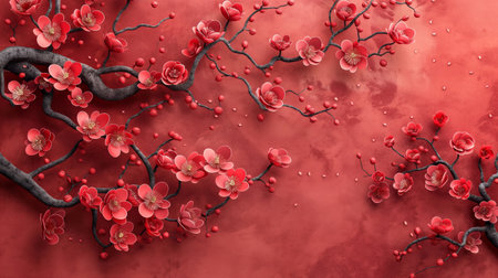 Red Chinese New Year paper cut flowers, floral decorations on red background, symbolizing good fortune and joy during Chinese New Year celebrations. Perfect for setting a festive atmosphere. Generative AIの素材