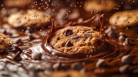 Delicious chocolate chip cookies hover above melting chocolate, mouth-watering background. The warm, inviting atmosphere of a kitchen, baking as droplets of chocolate scatter around. Generative AIの素材