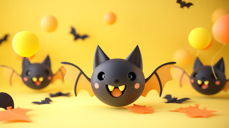 A cluster of cute bats with happy faces on vibrant yellow backdrop, creating a cheerful and whimsical atmosphere perfect for playful decor Halloween seasonal themes. Generative AIの素材