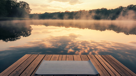 A peaceful yoga setup on a wooden dock by a tranquil lake, surrounded by misty trees, as the soft colors of sunrise reflect on the water's surface. Generative AIの素材
