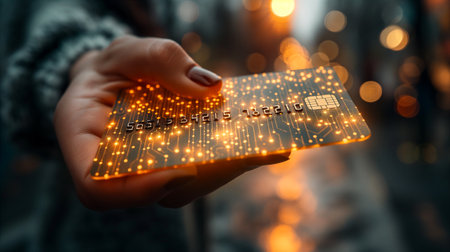 A businessman presents a futuristic virtual credit card that emits a glowing light, showcasing advanced technology in a bustling city environment at twilight. Generative AIの素材