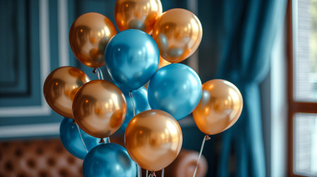 Cluster of blue and gold balloons with shimmering confetti patterns, set against dreamy background illuminated by soft, twinkling lights, creating a celebratory mood. Christmas, new year, birthday, anniversary celebration background. Generative AIの素材
