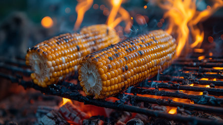 Two shiny golden ears of corn on the cob are being grilled over open flames, creating a mouthwatering aroma. The backdrop suggests a lively summer barbecue, where the corn's bright colors contrast beautifully with the flickering flames. Generative AIの素材