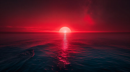 The horizon glows with a stunning display of reds and oranges as the sun sets, casting colorful reflections on the tranquil water. Wisps of clouds enhance the dramatic sky, creating a captivating moment of natural beauty. Generative AIの素材