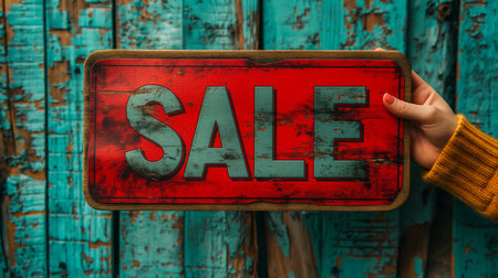 Woman's hand displays a worn red sign boldly marked SALE, drawing attention to a promotion. The backdrop features a textured, colorful surface, enhancing the appeal of the moment. This gesture captures the excitement of shopping and special offers. Generative AIの素材