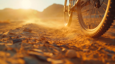 A close-up of a mountain bike tire rolling over a sandy trail at sunset on background, warm glow on the scene. Cycling sport concept background. Generative AIの素材