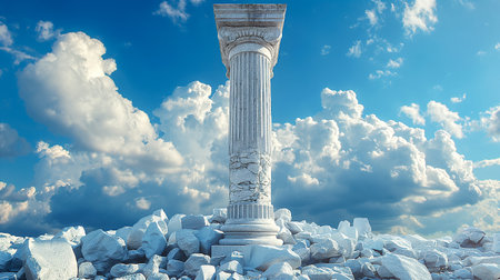 A solitary marble column remains upright, surrounded by shattered stone pieces. The backdrop features a vast sky with billowing clouds, creating a striking contrast with the column's enduring presence. Generative AIの素材