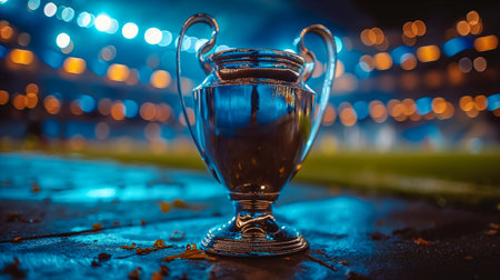Blue trophy at the center of the soccer, football field, illuminated by vivid lights. The atmosphere is filled with excitement as fans cheer during a championship match, creating a vibrant backdrop to this momentous occasion. Generative AIの素材