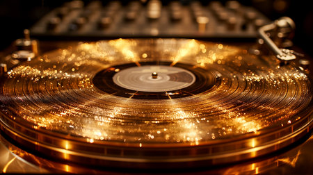 Vintage golden vinyl record spins on a vintage turntable in a warmly lit room. The soft reflections highlight the intricate grooves of the record, setting a nostalgic atmosphere perfect for relaxing music and cherished memories. Generative AIの素材