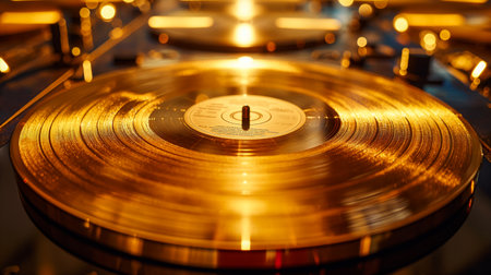 Vintage golden vinyl record spins on a vintage turntable in a warmly lit room. The soft reflections highlight the intricate grooves of the record, setting a nostalgic atmosphere perfect for relaxing music and cherished memories. Generative AIの素材