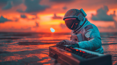 An astronaut, wearing a beautifully designed patterned helmet, plays a keyboard while partially submerged in ocean water, with a vibrant sunset illuminating the scene. Surreal background. Generative AIの素材