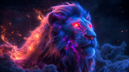 Powerful zodiac sign lion with fiery, glowing mane stands tall, gazing intently into the night sky. The surrounding mist enhances the lion's majestic appearance, creating a captivating atmosphere of strength and beauty in the dark. Generative AIの素材