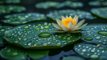 In the early morning light, a graceful water lily emerges from a tranquil pond. Dewdrops cling to its petals and surrounding lily pads, creating a peaceful atmosphere filled with natural beauty and serenity. Generative AIの素材