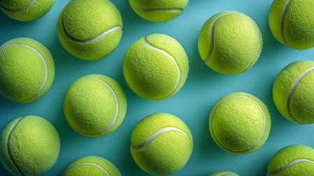 Collection of bright green tennis balls on a rich blue background, showcasing their textured surfaces and distinctive seams. The lighting highlights the fuzz, creating an inviting and energetic ambiance ideal for the sport. Generative AIの素材