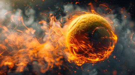 Dynamic tennis ball with fire flames and smoke, abstract sport background. The vibrant fire contrasts with smoky surroundings, emphasizing the energy of the sport. Generative AIの素材
