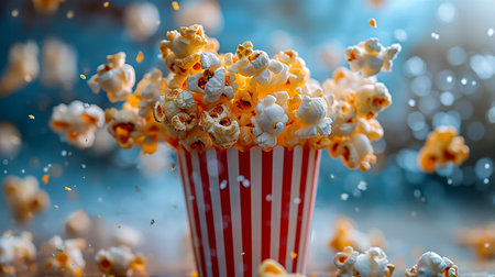 A burst of popcorn erupts from a bright red and white striped container, playful movie night cinema concept background, capturing the excitement of movie night. Generative AIの素材