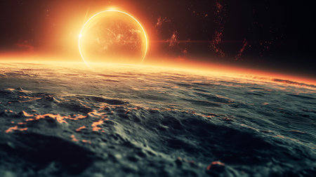 Abstract lunar surface landscape extends towards a distant, enormous celestial body. The starry background contrast of dark rock formations and the soft glow. Generative AIの素材