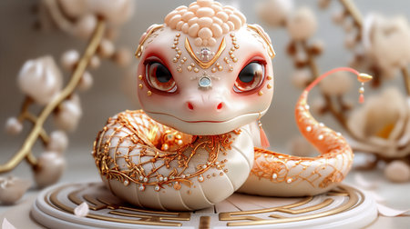 Adorable festive snake with floral motifs symbol of 2025 Chinese new year background. Adorned in festive jewels and accessories, this enchanting creature captures a playful spirit perfect for celebrations and joyful occasions. Generative AIの素材