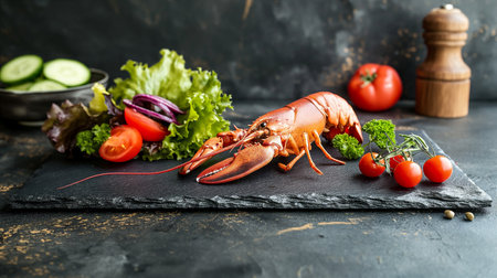 A beautifully presented lobster sits atop a slate board, with vibrant salad greens and cherry tomatoes, highlighting the freshness of coastal seafood cuisine. Generative AIの素材