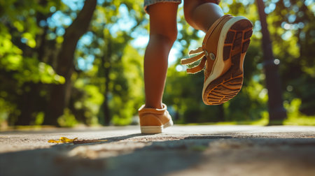 A black American is walking along a sunlit path in a park. The focus is on the leather sandals, which provide a casual yet stylish look. Surrounded by greenery, the warm afternoon light highlights the comfortable atmosphere as they stroll leisurely. Generative AIの素材
