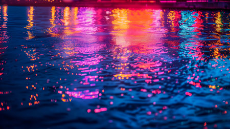 The surface of the ocean shimmers with a mix of vibrant colors reflecting from nearby city lights, rippling pattern, abstract background. Generative AIの素材