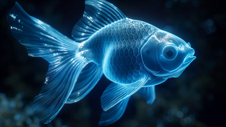 A stunning blue frosted glass representation of a goldfish glides elegantly through a serene aquarium setting. Generative AIの素材