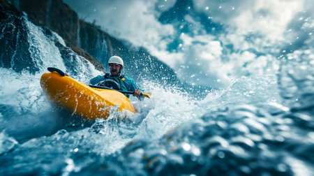 Kayaker skillfully maneuvers through rough waters at sunset, casting golden hues across the sky. The scene captures the thrill of water sports amidst beautiful natural surroundings, highlighting the excitement of outdoor adventure. Generative AIの素材