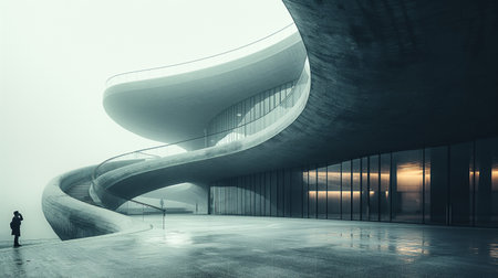 Person stands at base of stunning spiral staircase illuminated by soft orange lights. The surrounding walls are smooth and gray, creating ethereal atmosphere enhanced by mist. The design emphasizes a blend of simplicity and elegance. Generative AIの素材
