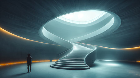 Person stands at base of stunning spiral staircase illuminated by soft orange lights. The surrounding walls are smooth and gray, creating ethereal atmosphere enhanced by mist. The design emphasizes a blend of simplicity and elegance. Generative AIの素材