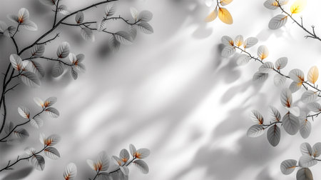 Intricate branches adorned with white leaves, some featuring delicate golden highlights, stretch across a soft gray background. Generative AIの素材