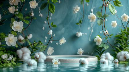 Product presentation podium blooming white flowers, serene waters on blue background. Generative AIThe calm water reflects the gentle light and floating petals, creating a peaceful atmosphere perfect for relaxation and reflection.の素材