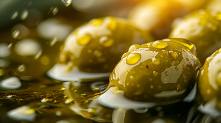 Close-up of glistening green olives in rich olive oil with droplets. Lush green olives glisten in olive oil, reflecting sunlight and enhancing the culinary ambience. Generative AIの素材