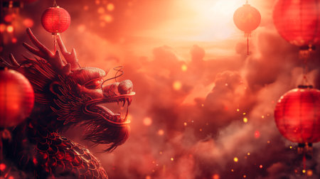 Vibrant background with deep red color, adorned with intricate dragon carvings on the walls. Traditional Chinese new year lanterns hang gracefully from ceiling, enveloped in light mist, creating an inviting and mystical atmosphere. Generative AIの素材