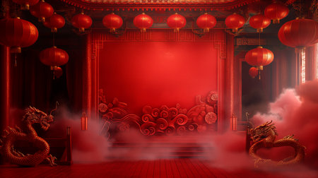 Vibrant background with deep red color, adorned with intricate dragon carvings on the walls. Traditional Chinese new year lanterns hang gracefully from ceiling, enveloped in light mist, creating an inviting and mystical atmosphere. Generative AIの素材