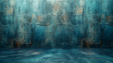 Vintage blue empty room with textured grunge walls, abstract background. The smooth gradients and intricate patterns create a tranquil yet dynamic environment, offering a glimpse into a futuristic realm. Generative AIの素材