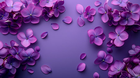 A beautiful arrangement of lilac flowers and fallen petals set against a soft purple background creates a serene and visually pleasing aesthetic. Generative AIの素材