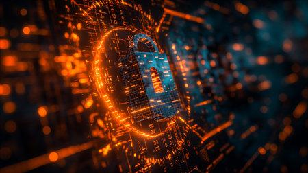 Digital lock with neon red lines, cybersecurity concept background, highlighting security and tech. Generative AIの素材