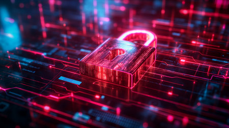 Digital lock with neon red lines, cybersecurity concept background, highlighting security and tech. Generative AIの素材