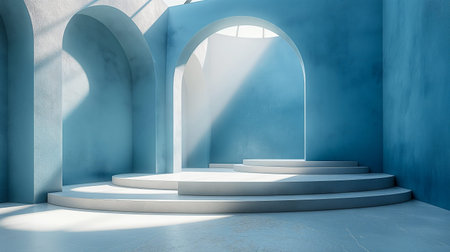 Smooth white pedestal, podium in tranquil blue room, illuminated by soft shadows cast by sunlight filtering through window, peaceful atmosphere. Product presentation display background. Generative AIの素材