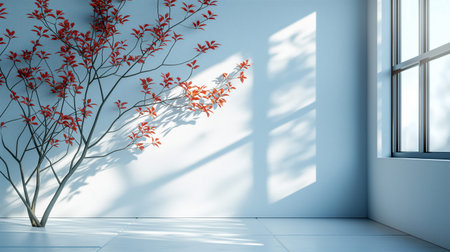 Sunlight streams through window, long shadows on hardwood floor in room with green plant in the corner. Product presentation mock up background. Generative AIの素材